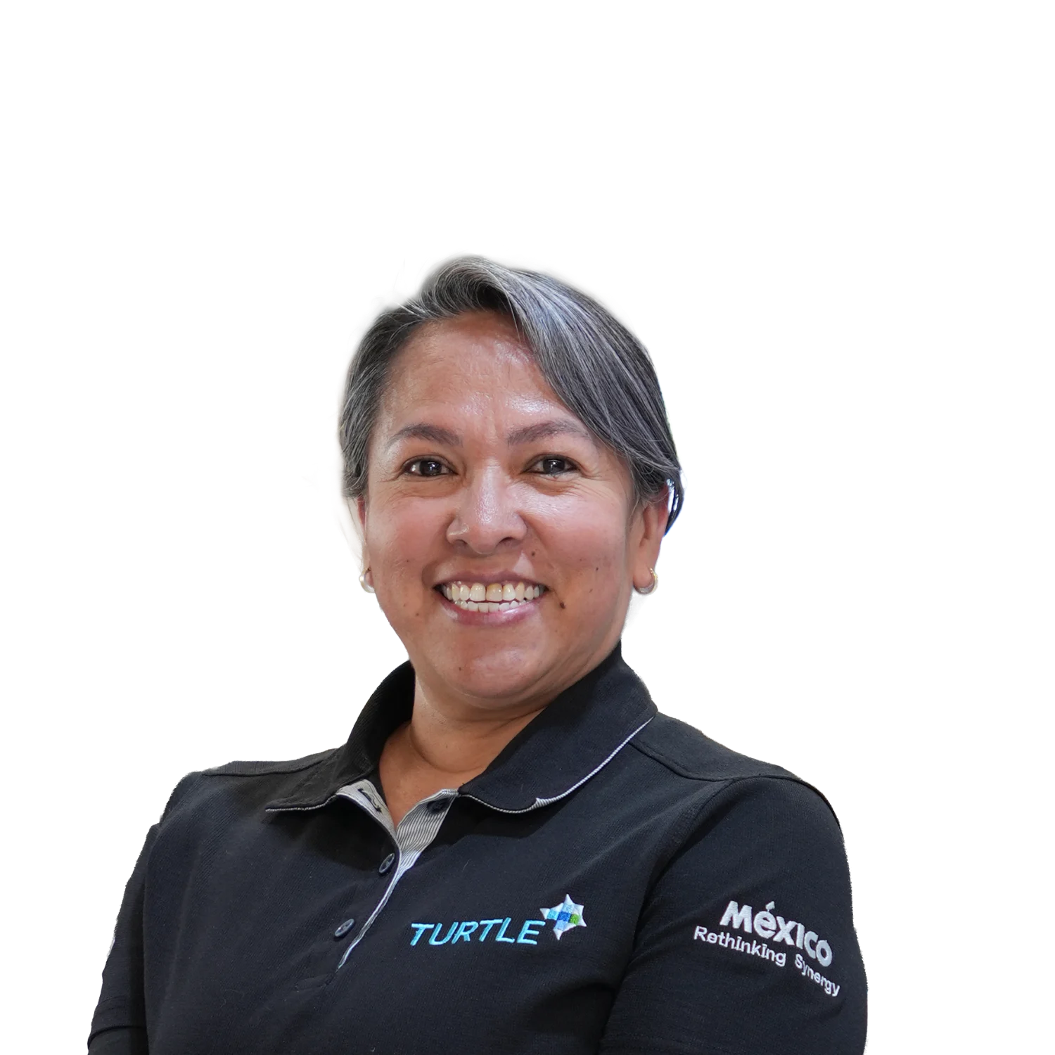 Turtle employee smiling in a black Turtle polo shirt