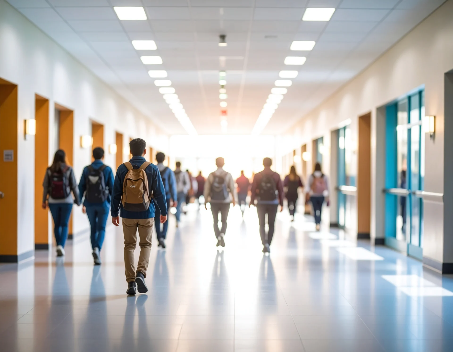 Students walking in school corridor silhouette
