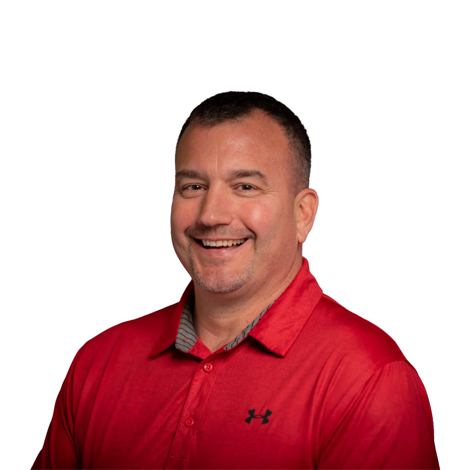Professional headshot of a smiling man wearing a red polo shirt.