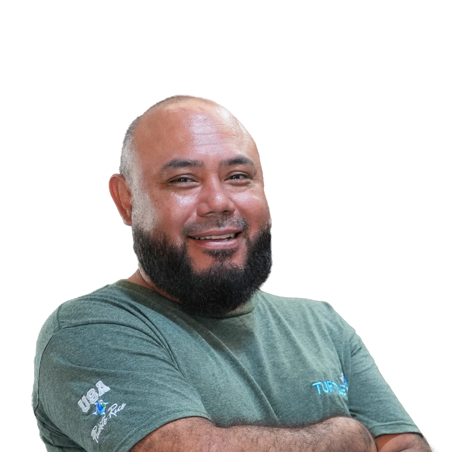 Turtle employee smiling in a green Turtle T-shirt