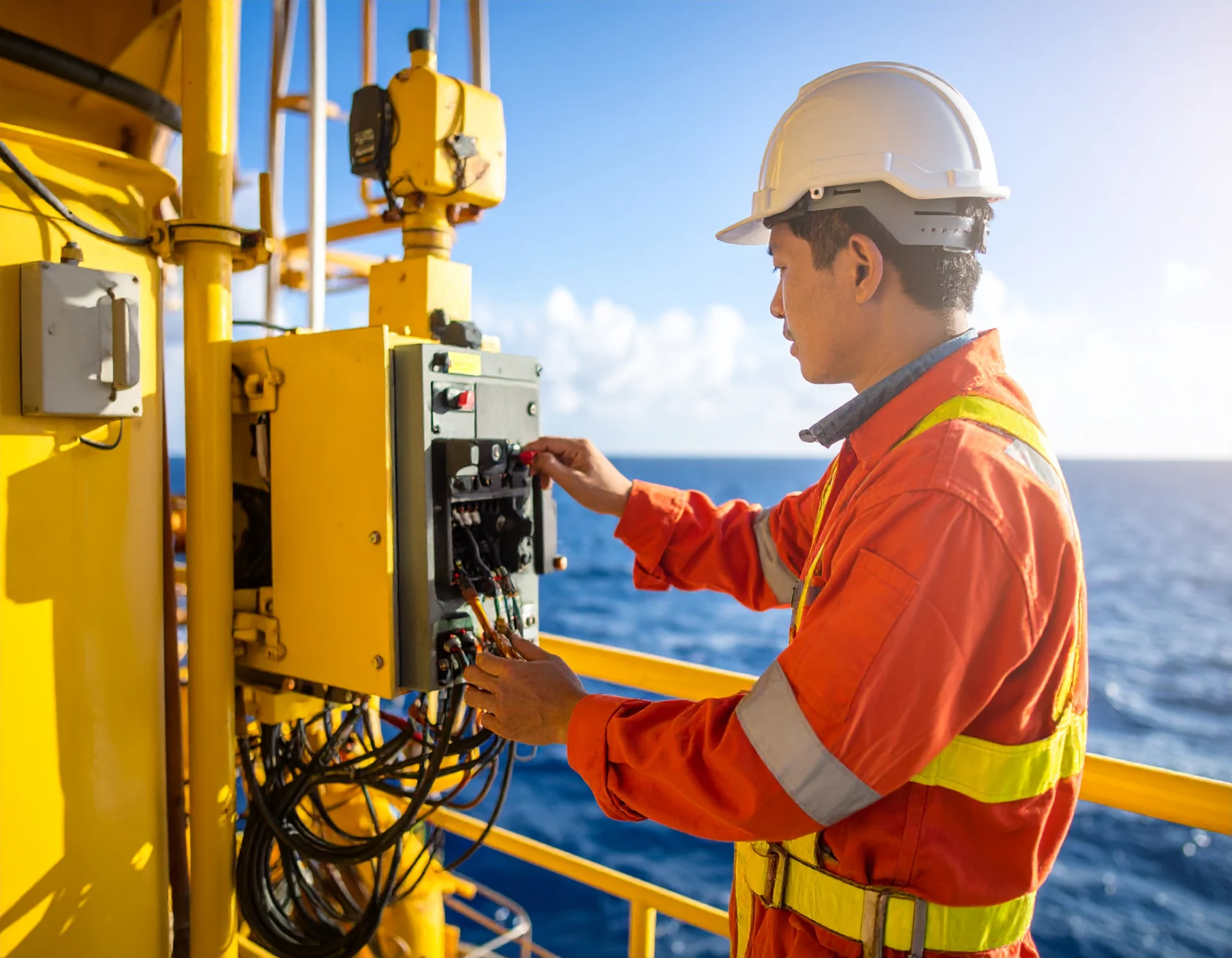 Construction worker operating drill on ocean rig