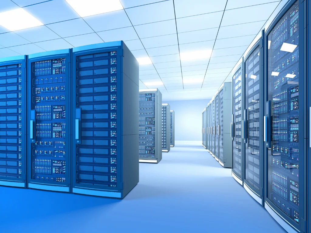 Clean server room with multiple server racks