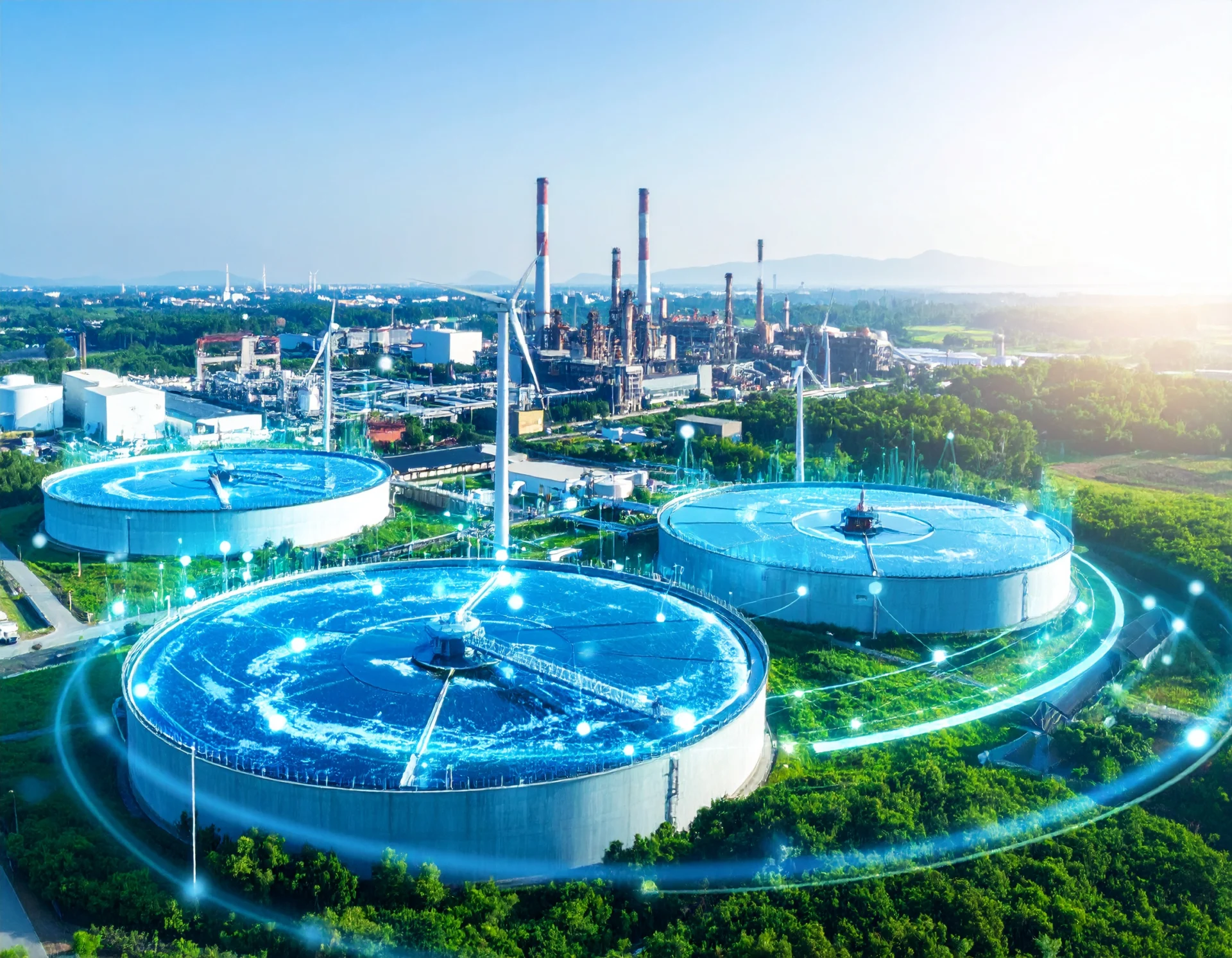 Aerial view of water treatment tanks with digital energy and data visualization