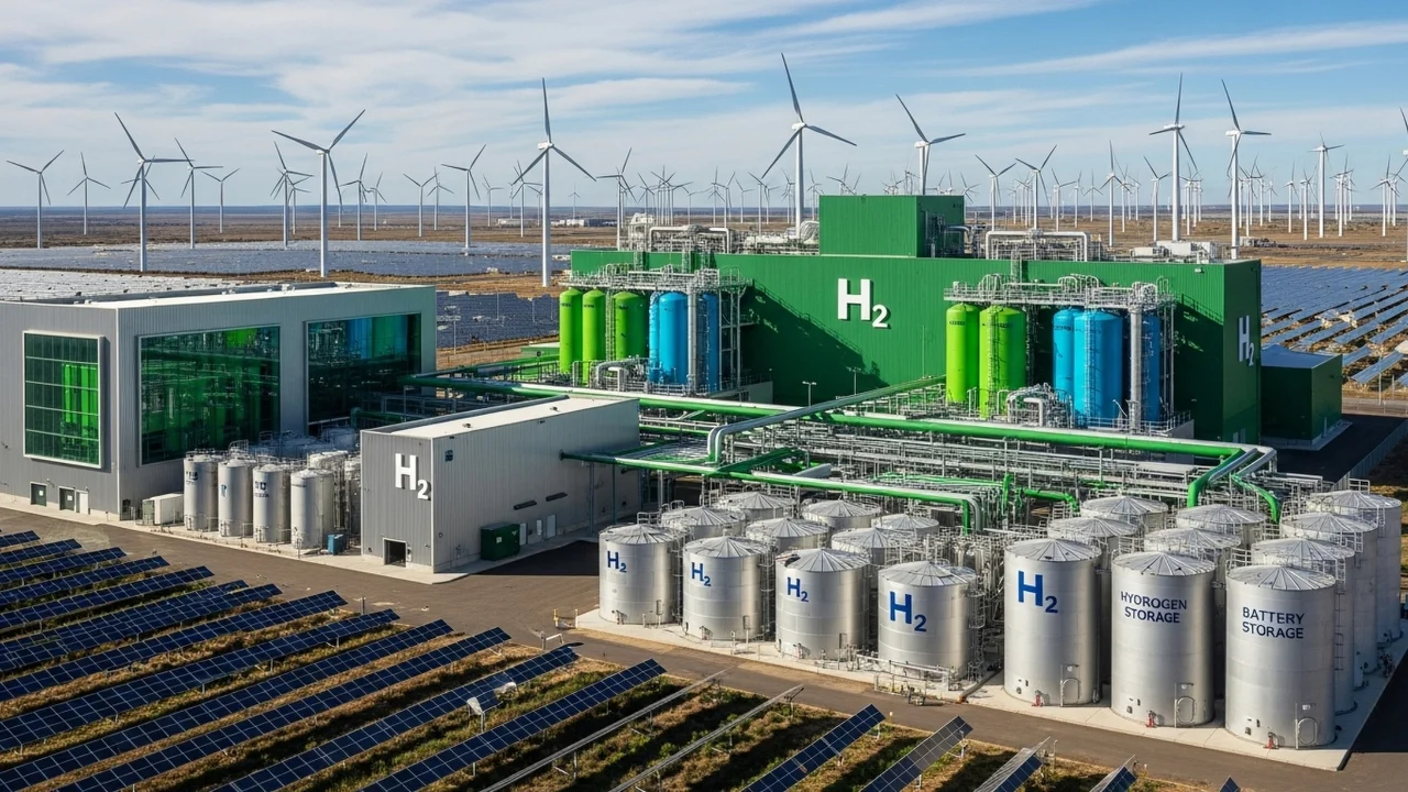 Alternative energy generation with wind power, hydrogen power, and solar panels.