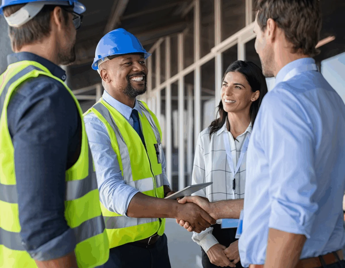 Construction worker in hard hat and safety vest shaking hands with business person holding tablet
