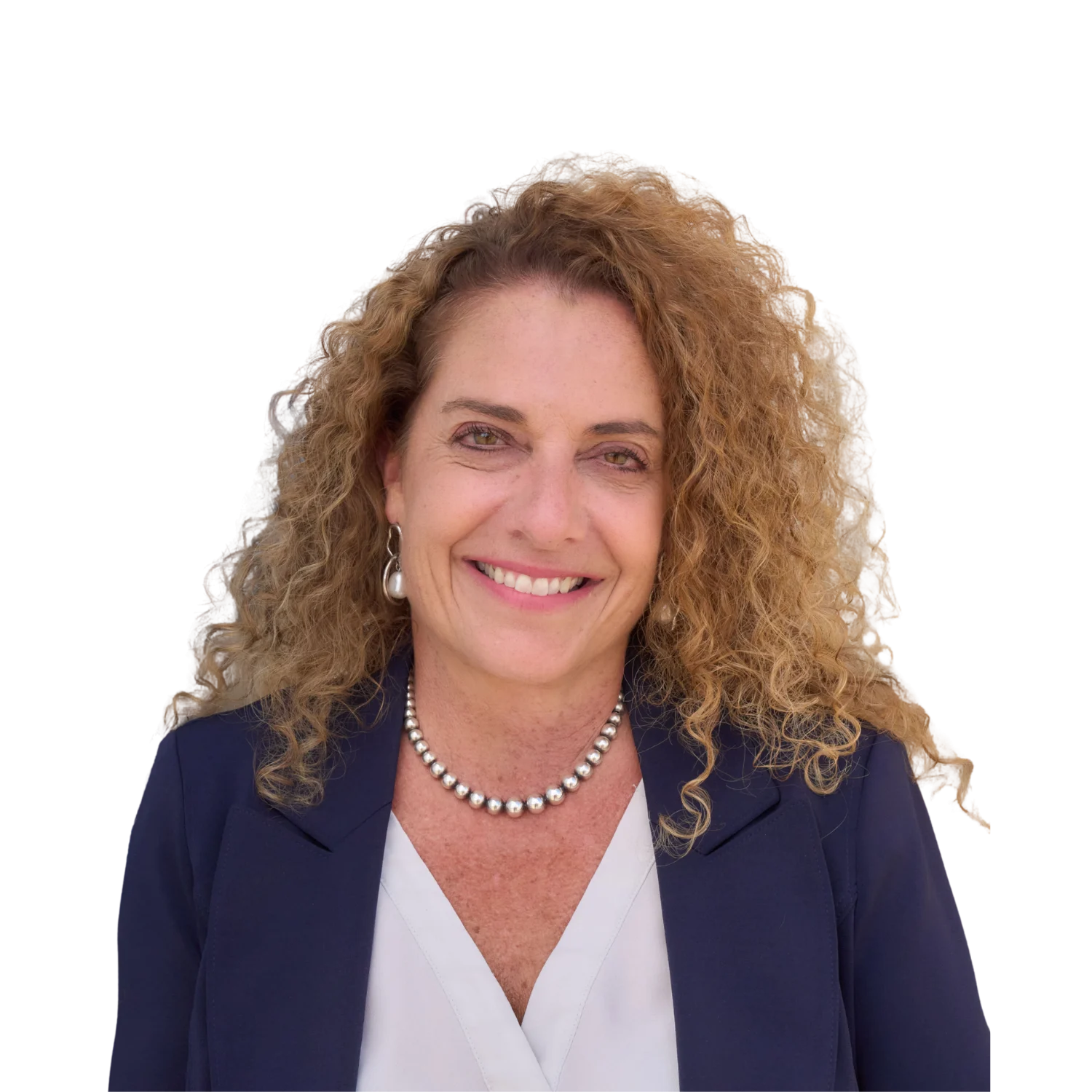 Professional headshot of a smiling woman wearing a navy blazer, white blouse, and pearl jewelry.