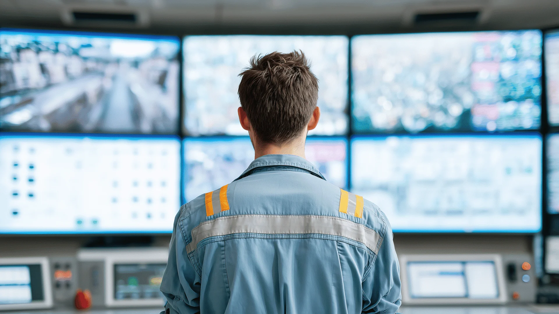 Facility technician using predictive maintenance technologies to monitor multiple infrastructure data screens for early failure detection.