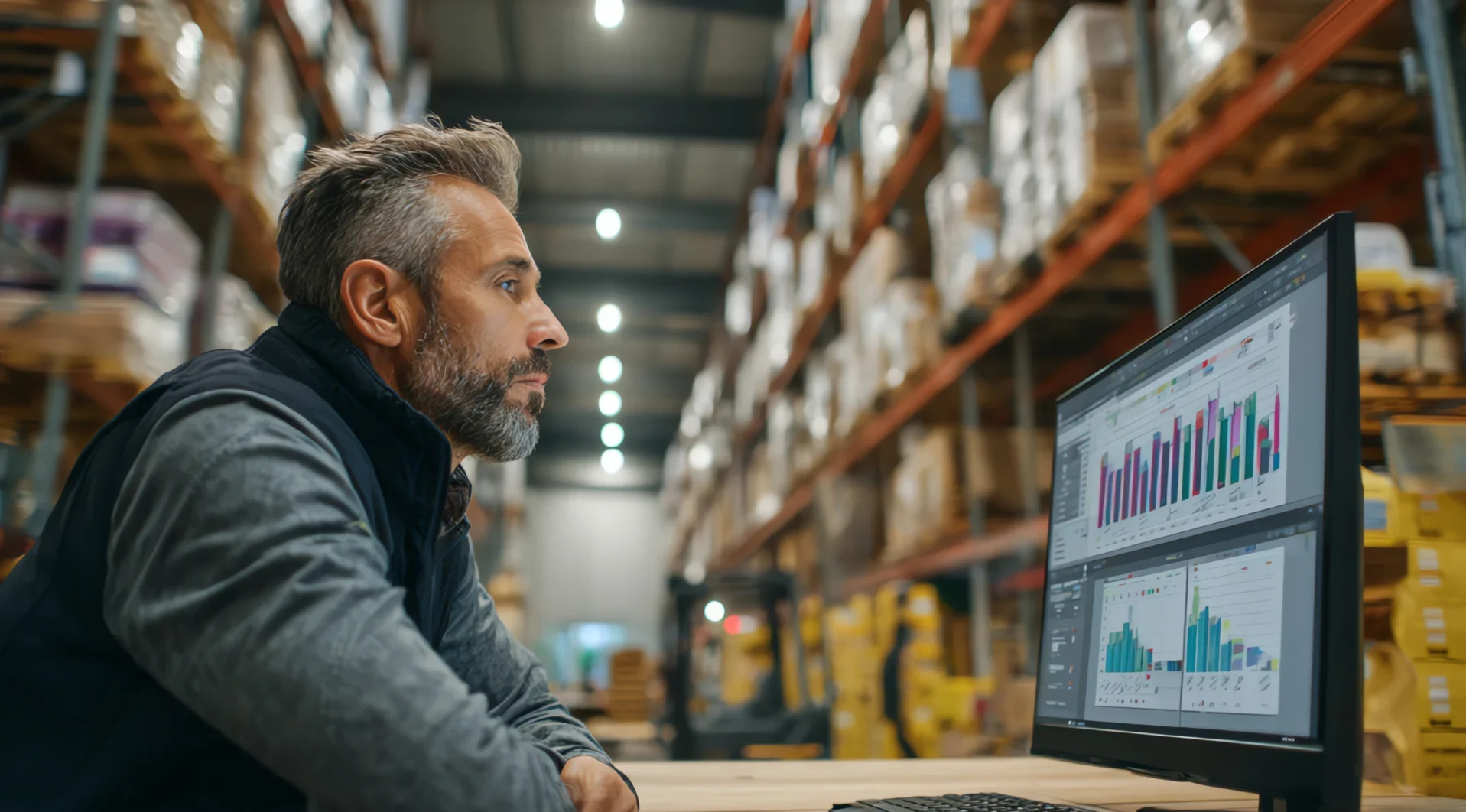 Warehouse professional reviewing supply chain performance dashboards on a desktop monitor in a distribution center.