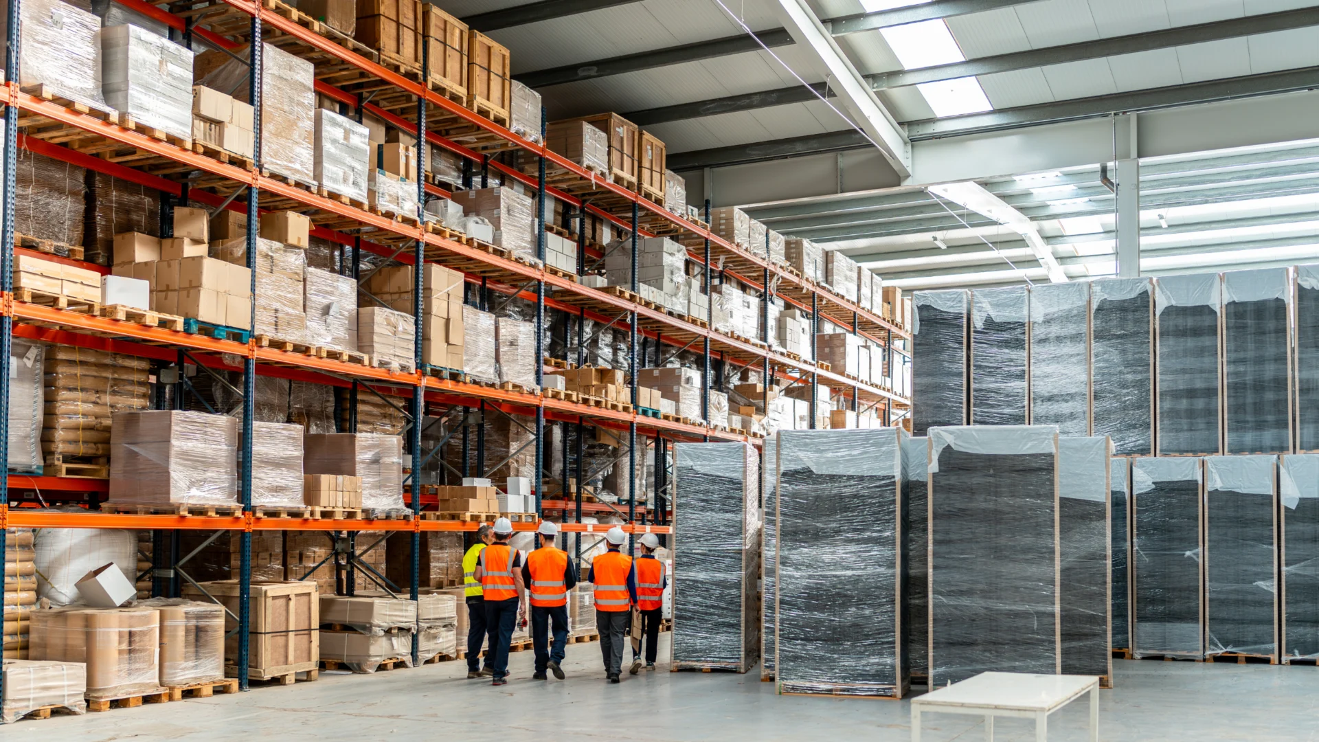 Warehouse team reviewing palletized MRO inventory in a large industrial storeroom facility utilizing inventory optimization services.