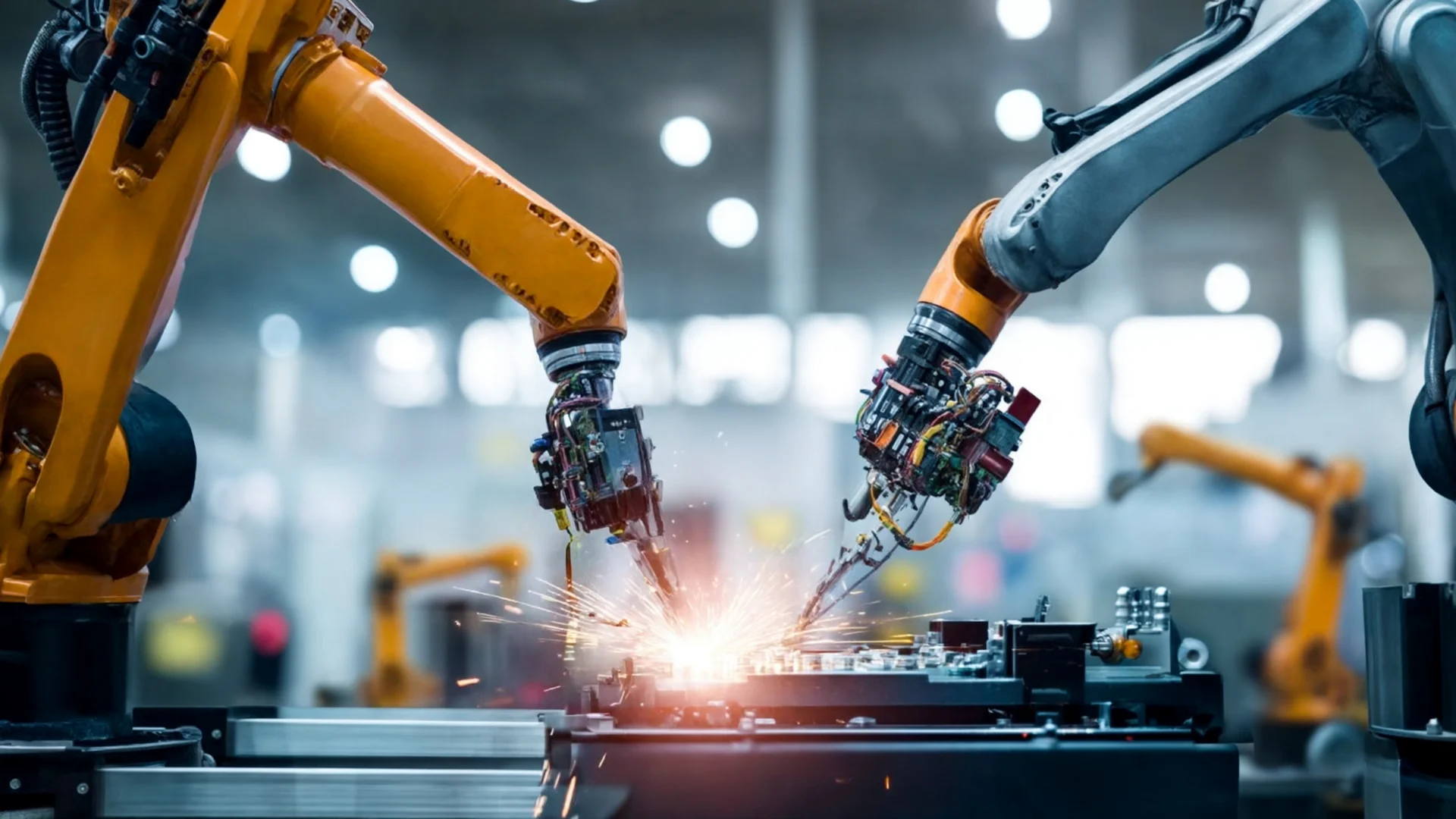 Industrial robotic arms welding components on an automated factory production line.