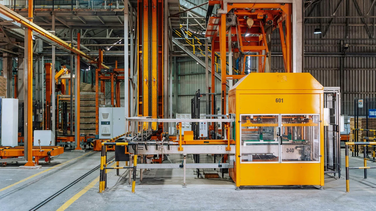 Industrial automation system with conveyor belt and enclosed machine unit operating inside a manufacturing facility.
