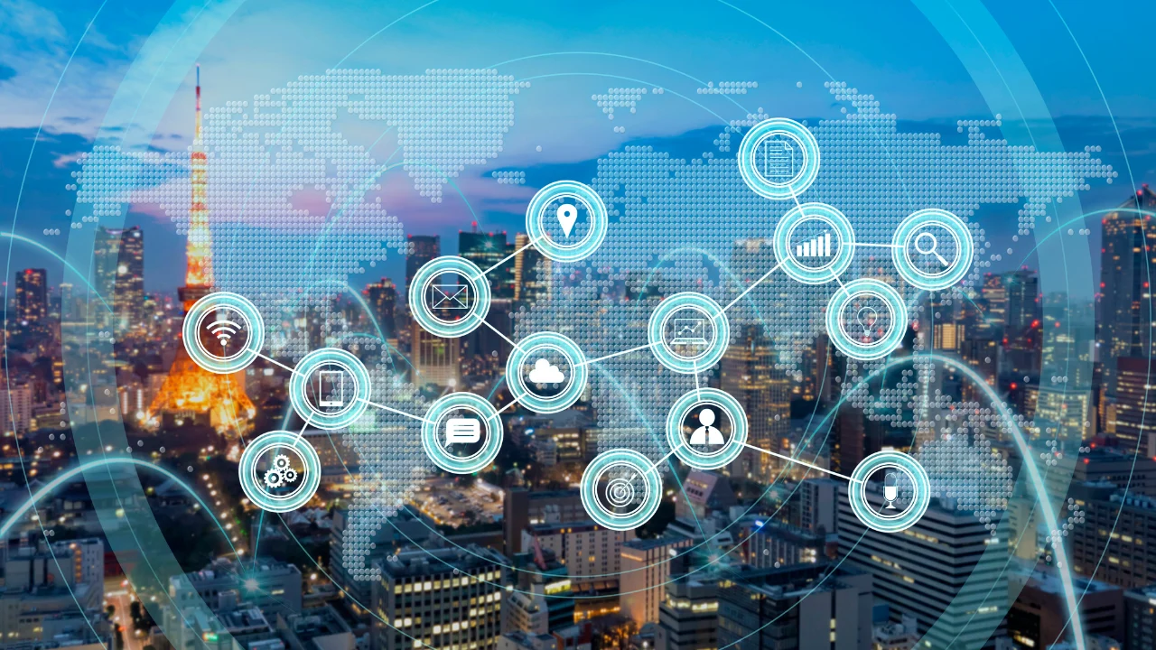Global network connectivity illustration over a city skyline with cloud, analytics, communication, and location icons.