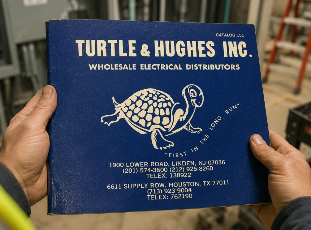 an electrical contractor holding a Turtle & Hughes catalog at a jobsite