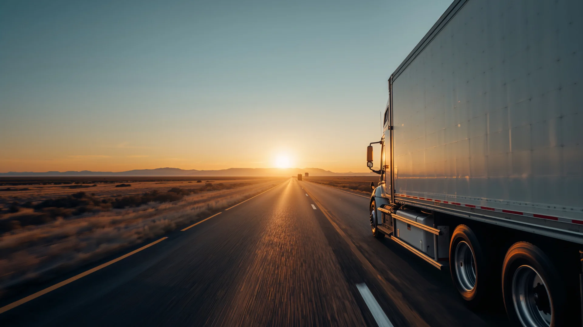 Long haul delivery truck driving on highway road backed by sunset.